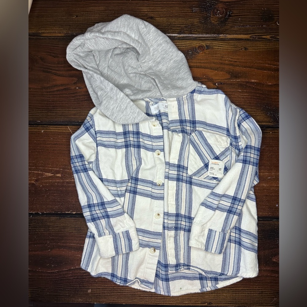 Zara Toddler Boys hooded flannel button-up 2-3T